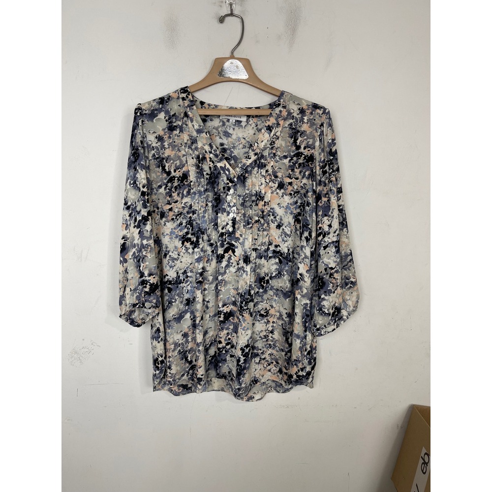 Rose + Olive Floral V-Neck Pleated Blouse Blue Grey Peach 1X Plus Size Top